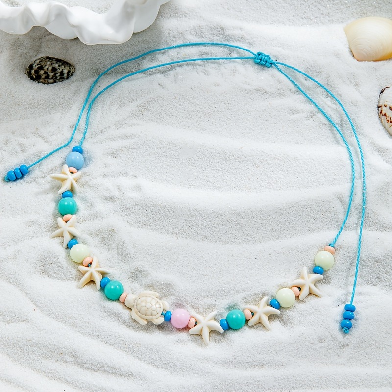 Bohemian Ocean Style Turtle & Starfish Beaded Necklace, Summer Wear